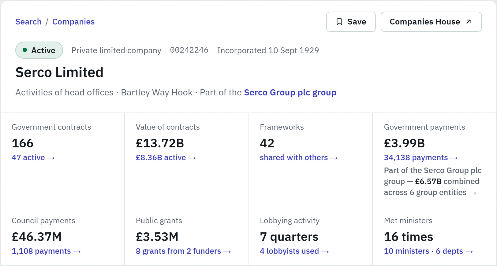 The UKGovscan company profile for Serco Limited, showing its government contracts, frameworks, government and council payments, grants, lobbying activity and ministerial meetings